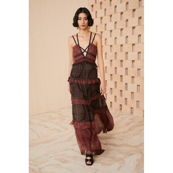Ulla Johnson Agathe Gown Garnet Silk Crinkle Chiffon Tiered Maxi Dress Size 4